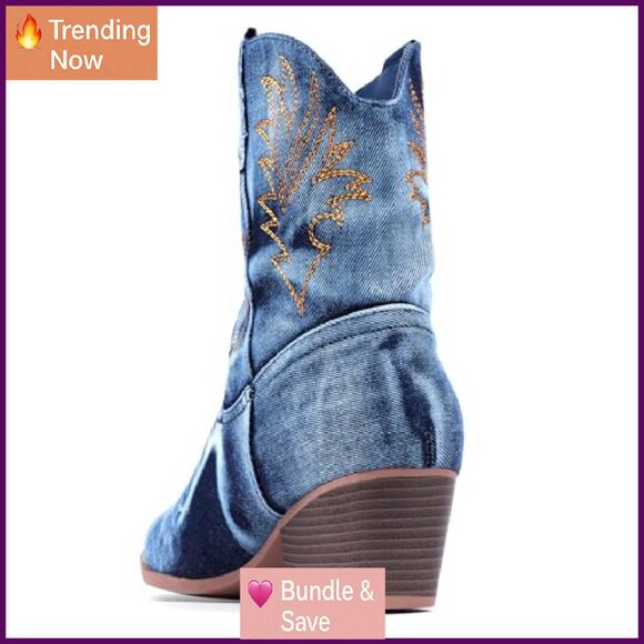 Women's Ankle Booties Pointed Toe Western Cowgirl Boots Chunky Heel - Picture 5 of 8